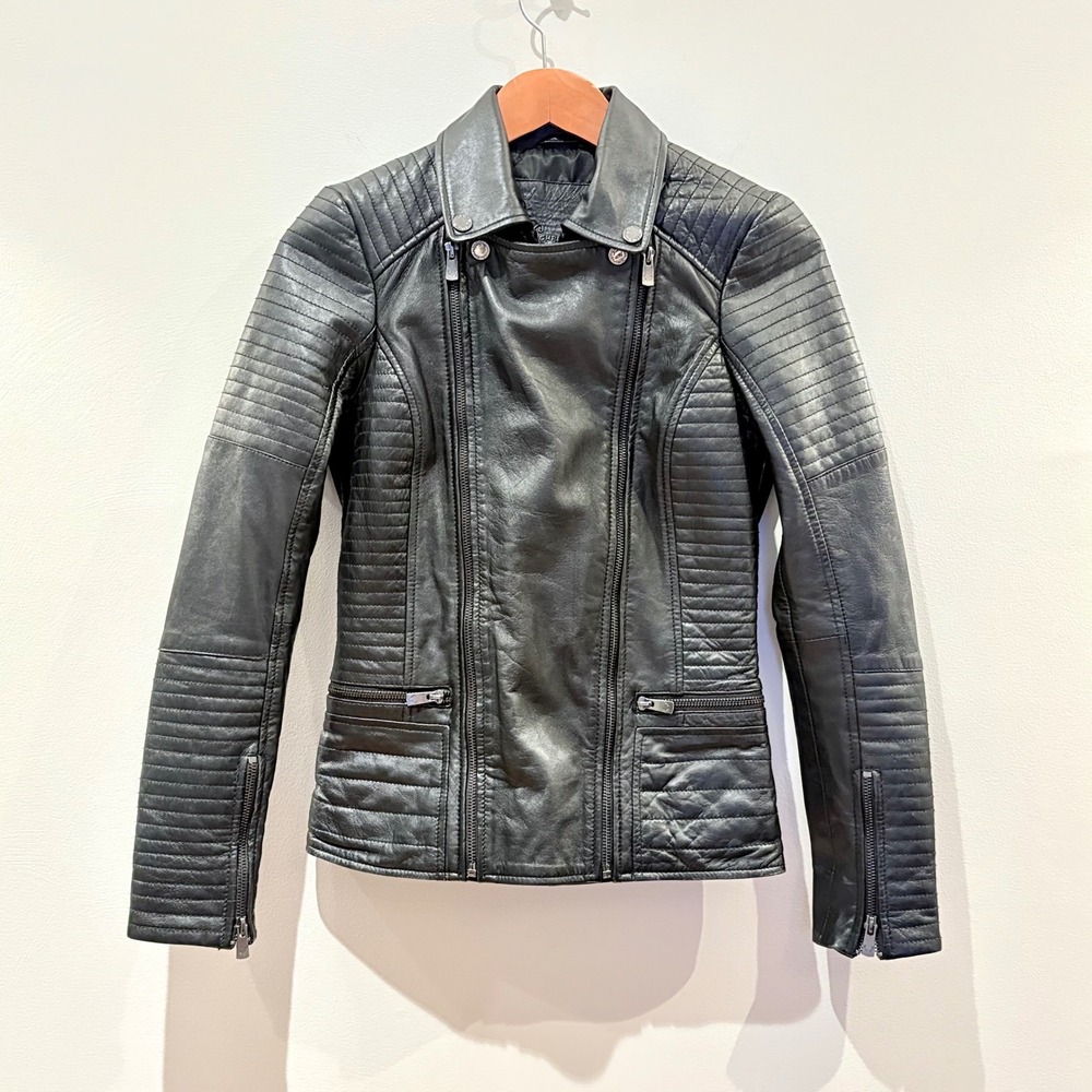 Bod & Christensen Black Lambskin Leather Ribbed Quilted Moto Jacket  - Size XS